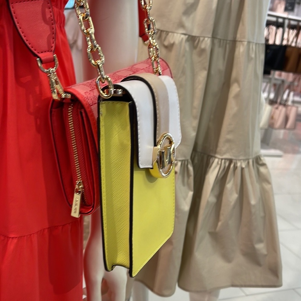 Michael Kors Carmen Small Color-Block Faux Leather Phone Crossbody Bag Sunshn - Picture 2 of 16